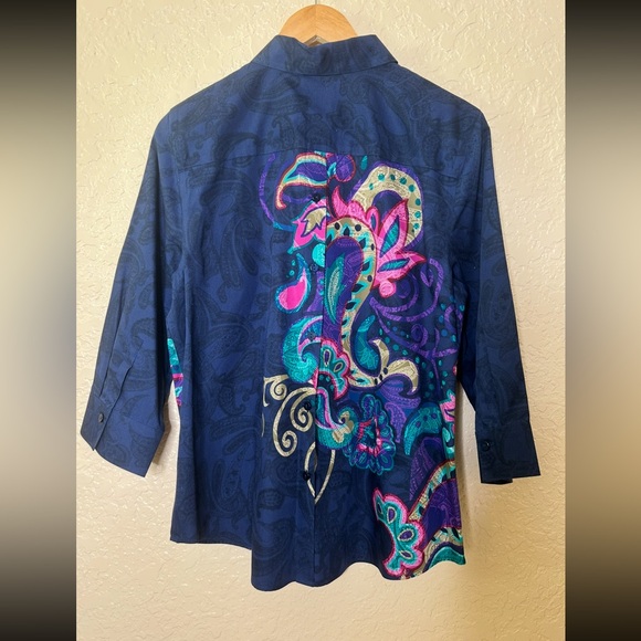 🩷Chicos No Iron paisley navy women’s sz 2 Large button back shirt 3/4 sleeves - Picture 2 of 7